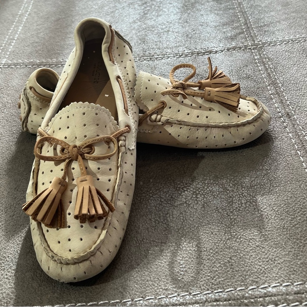 Coach Suede Perforated Cream Loafers with Tan Tassels